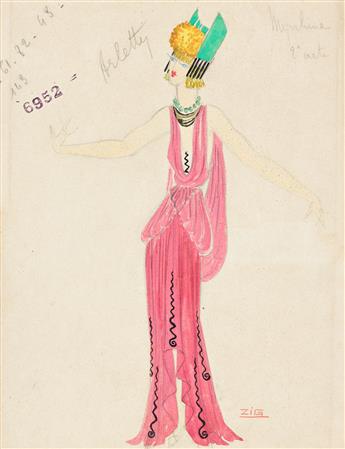 ZIG (LOUIS GAUDIN; 1882-1936) Two costume studies for Arletty as Myrrhiné and a courtesan.